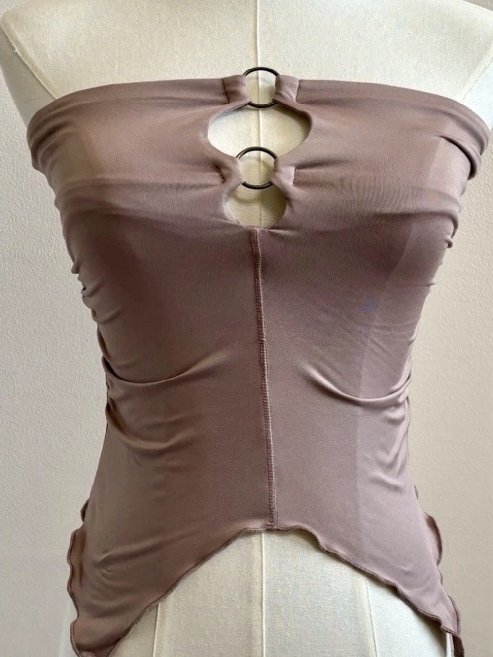 NWT Edikted Mocha Strapless Tube Top XS Ring Cutout Handkerchief Hem Y2K